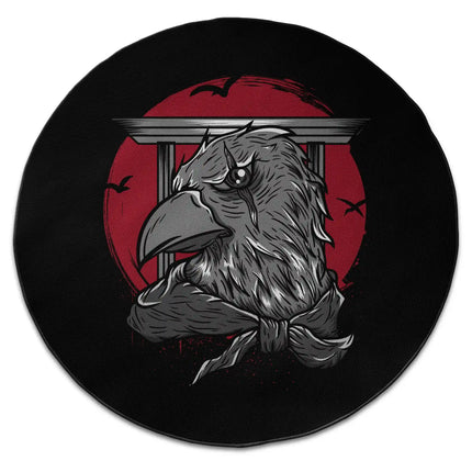 Dark raven graphic round rug with Jet Black edge finish shown from above on white background