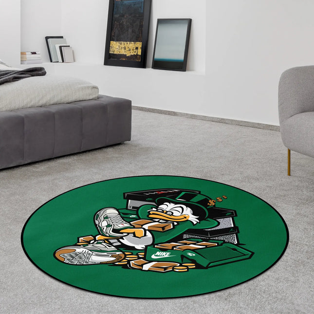 Green deadstock dreams graphic round rug with streetwear character, sneaker boxes and cash stacks styled in a modern bedroom with Jet Black edge finish