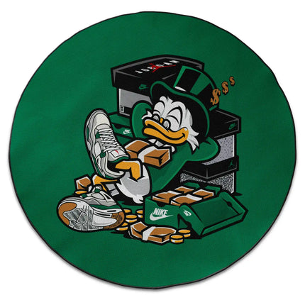 Deadstock dreams graphic round rug with Jet Black edge finish shown from above on white background