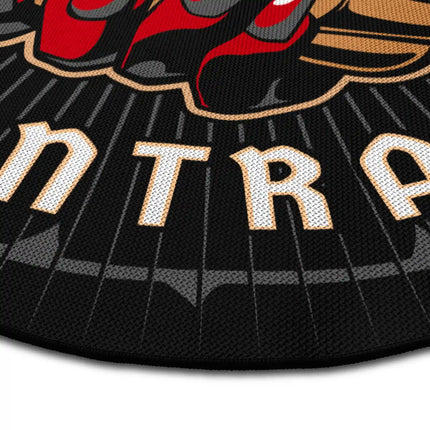Close up of devils contract round rug Jet Black edge showing woven polyester detail