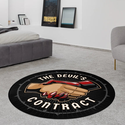Black devils contract graphic round rug with handshake and claw design styled in a modern bedroom with Jet Black edge finish