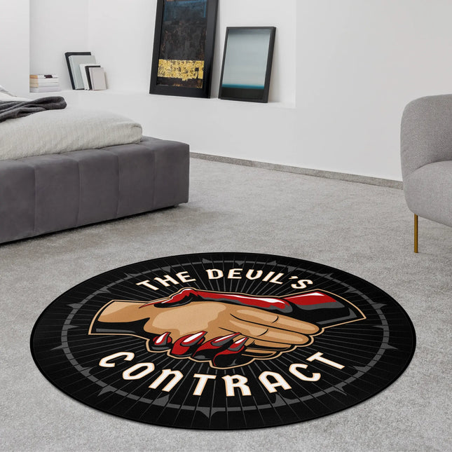 Black devils contract graphic round rug with handshake and claw design styled in a modern bedroom with Jet Black edge finish