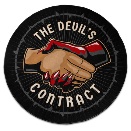 Devils contract graphic round rug with Jet Black edge finish shown from above on white background