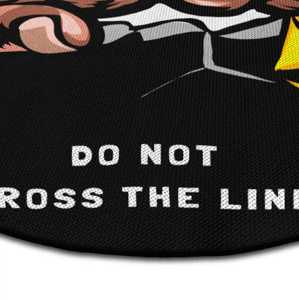 Close up of Do Not Cross The Line graphic round rug Jet Black edge showing woven polyester detail