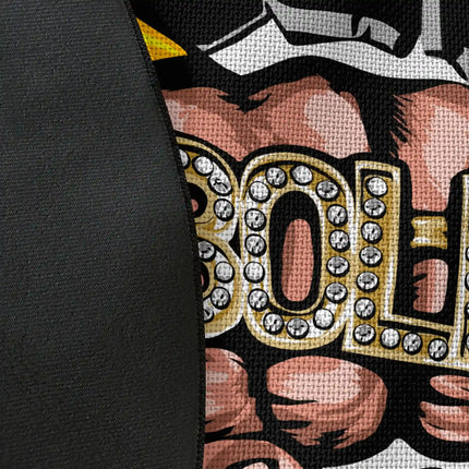 Close up of woven polyester material on Do Not Cross The Line graphic round rug with Jet Black edge finish showing print texture