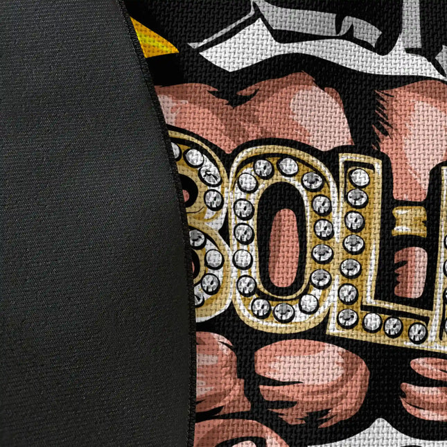 Close up of woven polyester material on Do Not Cross The Line graphic round rug with Jet Black edge finish showing print texture