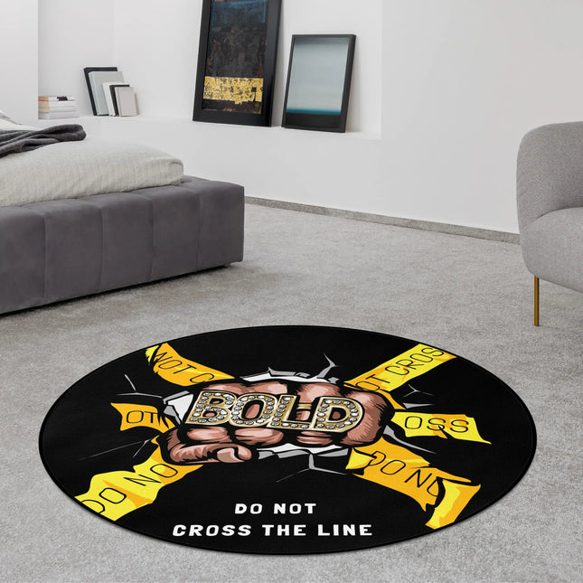 Black Do Not Cross The Line graphic round rug with bold warning style design styled in a modern bedroom with Jet Black edge finish