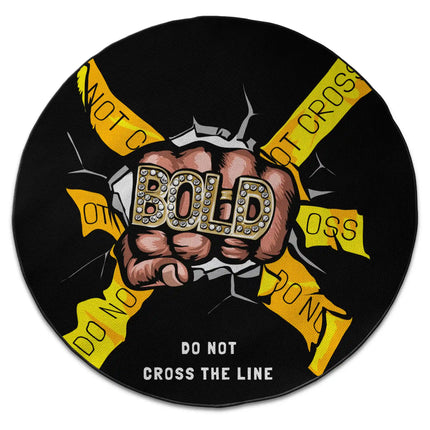 Do Not Cross The Line graphic round rug with Jet Black edge finish shown from above on white background