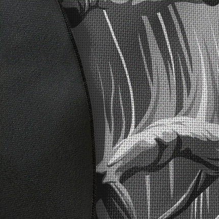 Close up of woven polyester material on false freedom graphic round rug with Jet Black edge showing puppet string artwork and print texture