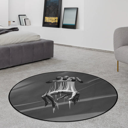 False freedom graphic round rug with puppet string artwork styled in a modern bedroom with Jet Black edge finish