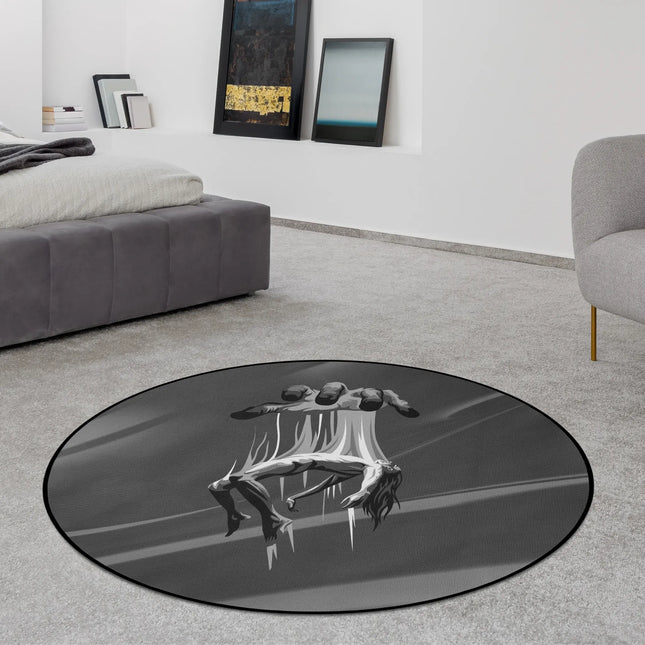 False freedom graphic round rug with puppet string artwork styled in a modern bedroom with Jet Black edge finish