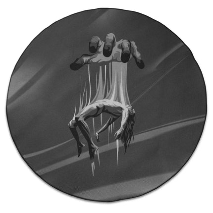 False freedom graphic round rug with puppet string artwork and Jet Black edge finish shown from above on white background