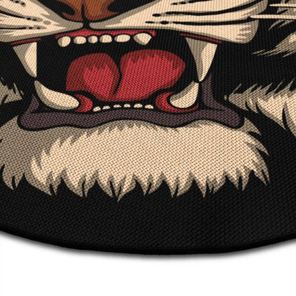 Close up of fierce tiger round rug Jet Black edge showing woven polyester detail