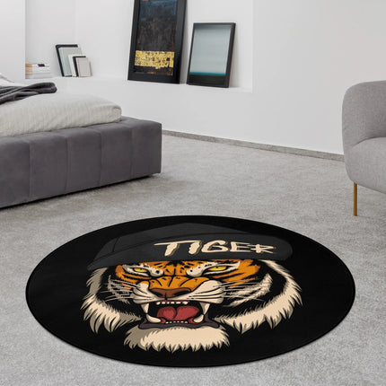 Black fierce tiger round rug with bold animal graphic styled in a modern bedroom with Jet Black edge finish