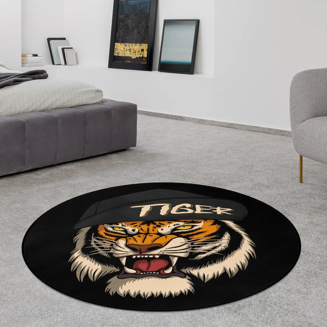 Black fierce tiger round rug with bold animal graphic styled in a modern bedroom with Jet Black edge finish