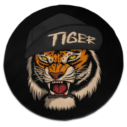 Fierce tiger round rug with Jet Black edge finish shown from above on white background