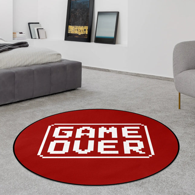 Red game over graphic round rug with white pixel text design styled in a modern bedroom with Jet Black edge finish