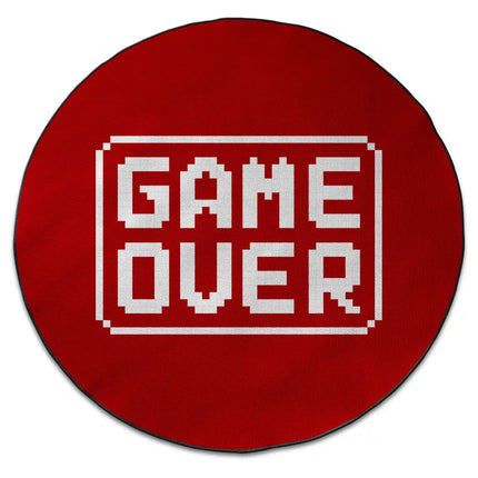 Game over graphic round rug with Jet Black edge finish shown from above on white background