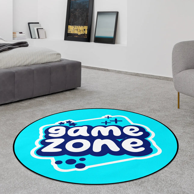 Turquoise game zone graphic round rug with bold blue and white text styled in a modern bedroom with Jet Black edge finish