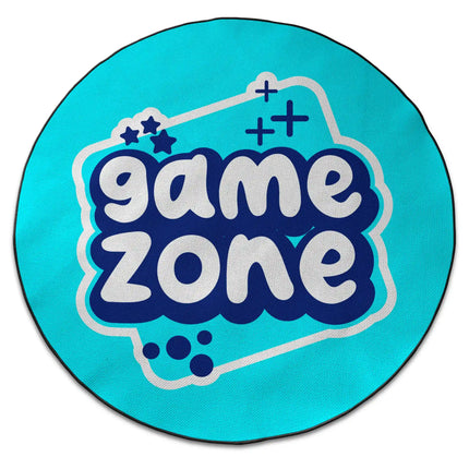 Game zone graphic round rug with Jet Black edge finish shown from above on white background