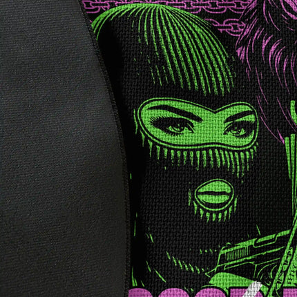 Close up of woven polyester material on streetwear graphic round rug with ski mask figure and green flame artwork showing detailed print texture with Jet Black edge