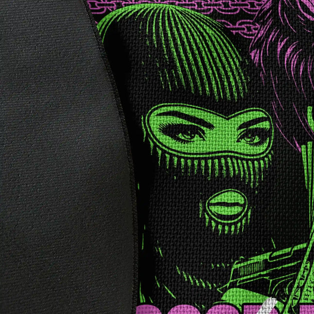 Close up of woven polyester material on streetwear graphic round rug with ski mask figure and green flame artwork showing detailed print texture with Jet Black edge