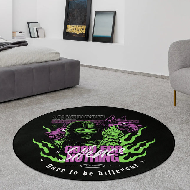Black streetwear graphic round rug with ski mask figure, green flames and Good For Nothing text styled in a modern bedroom with Jet Black edge