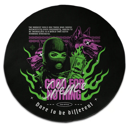 Black streetwear graphic round rug with ski mask figure, green flames and Good For Nothing text shown from above on white background with Jet Black edge
