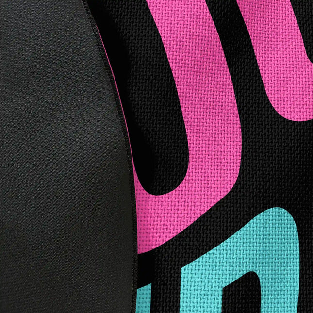 Close up of woven polyester material on good vibes graphic round rug with Jet Black edge finish showing neon typography print detail