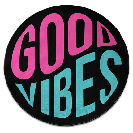 Good vibes graphic round rug with Jet Black edge finish shown from above on white background