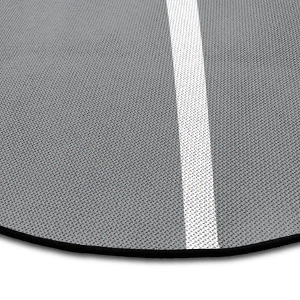 Close up of grey basketball round rug Jet Black edge showing woven polyester detail