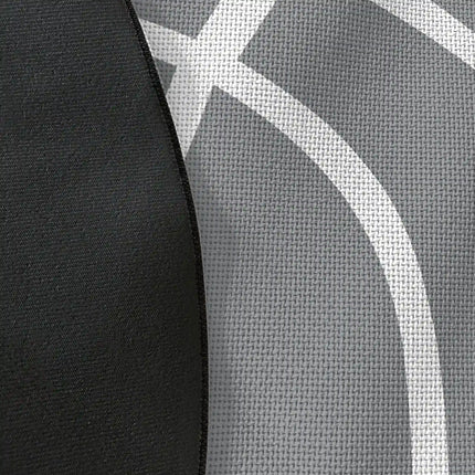 Close up of woven polyester material on grey basketball round rug with Jet Black edge finish showing printed basketball line texture