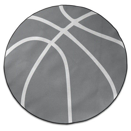 Grey basketball round rug with white line graphic and Jet Black edge finish shown from above on white background