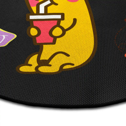 Close up of Happy Chaos graphic round rug with psychedelic cartoon artwork showing Jet Black edge and woven polyester texture