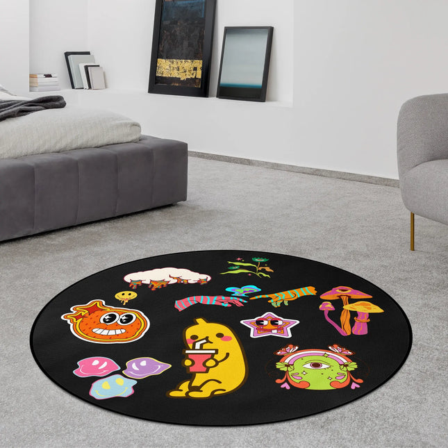 Happy Chaos graphic round rug with psychedelic cartoon artwork styled in a modern bedroom with Jet Black edge finish