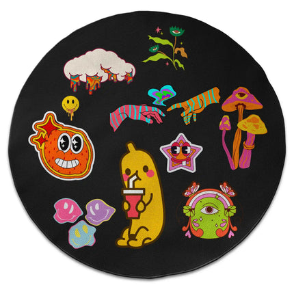 Happy Chaos graphic round rug with Jet Black edge finish shown from above on white background