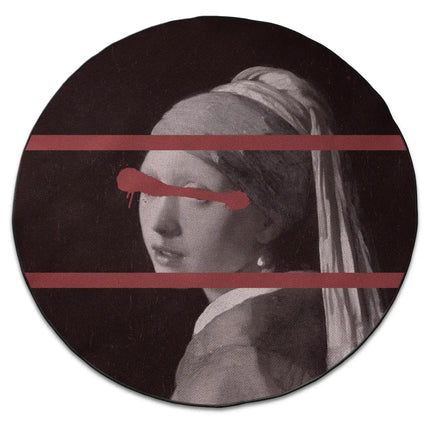 Hidden Gaze graphic round rug with Jet Black edge finish shown from above on white background