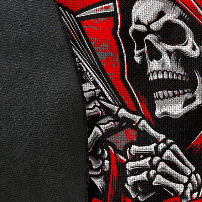 Close up of woven polyester material on Hustle Harder graphic round rug with Jet Black edge showing grim reaper artwork and print texture