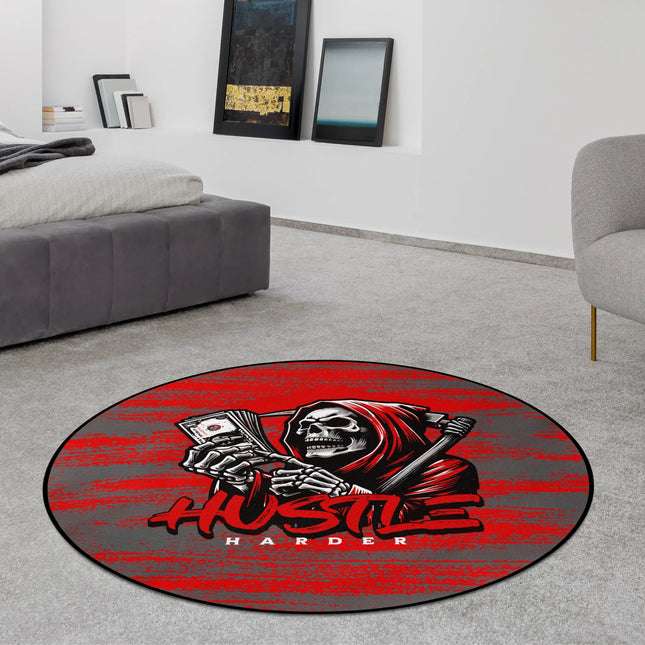 Hustle Harder graphic round rug with grim reaper artwork styled in a modern bedroom with Jet Black edge finish