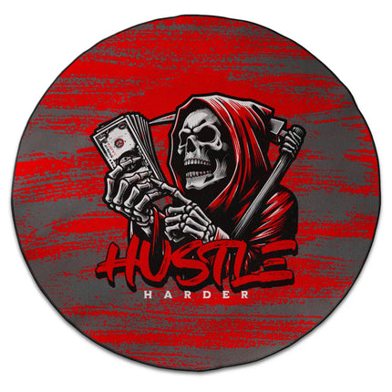 Hustle Harder graphic round rug with grim reaper artwork and Jet Black edge finish shown from above on white background