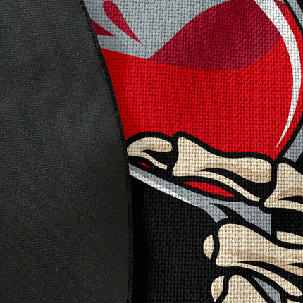 Close up of woven polyester material on last sip graphic round rug with Jet Black edge finish showing skeleton hand and wine glass print detail