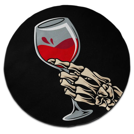 Last sip graphic round rug with Jet Black edge finish shown from above on white background