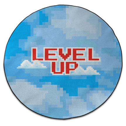 Level up graphic round rug with Jet Black edge finish shown from above on white background