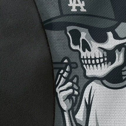Close up of woven polyester material on lost angeles graphic round rug with Jet Black edge showing smoking skeleton artwork and print texture