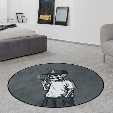 Lost angeles graphic round rug with smoking skeleton wearing LA cap styled in a modern bedroom with Jet Black edge finish