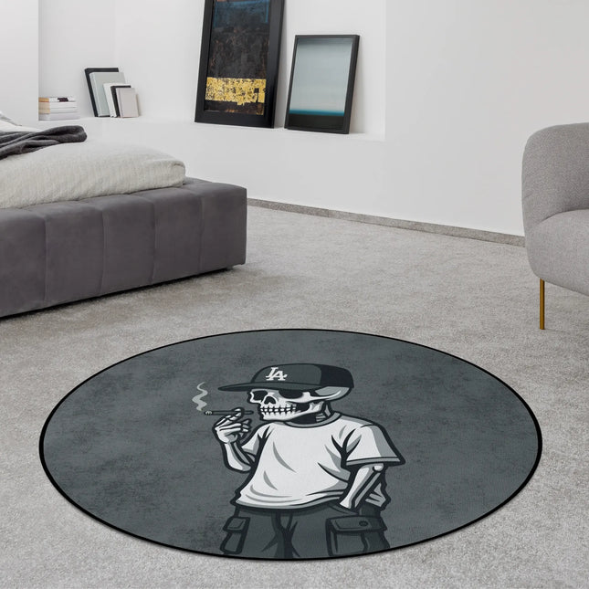 Lost angeles graphic round rug with smoking skeleton wearing LA cap styled in a modern bedroom with Jet Black edge finish