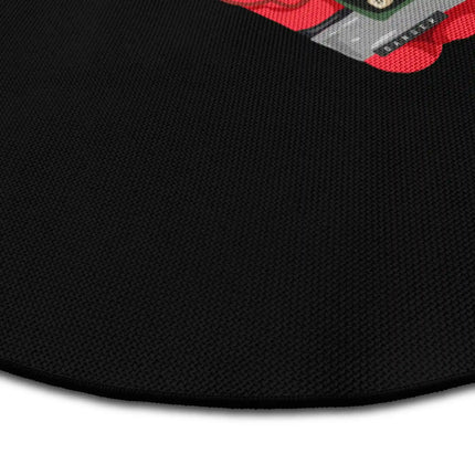 Close up of Make It Count graphic round rug Jet Black edge showing woven polyester texture