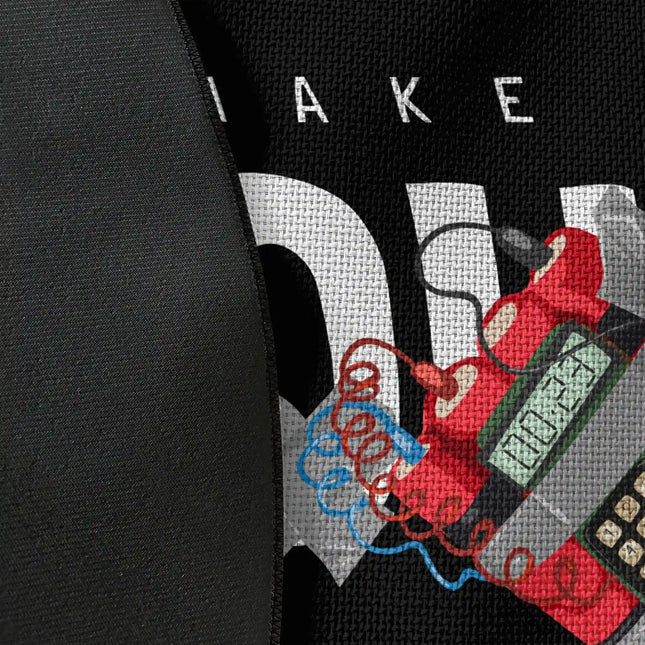 Close up of Make It Count graphic round rug Jet Black edge showing woven polyester material and motivational typography artwork detail