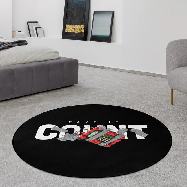 Make It Count graphic round rug with motivational typography artwork styled in a modern bedroom with Jet Black edge finish