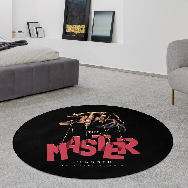 Master planner graphic round rug styled in a modern bedroom with Jet Black edge finish